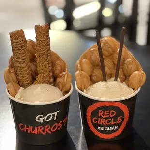 Vanilla scoop w/cookie butter glazed churros &amp; dulce de leche glaze on puff (left), w/pocky &amp; cookie butter drizzle on puff (right)