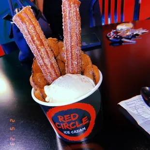 Churro puff - Vanilla ice cream, coffee puffelicious, with Cinnamon Sugar Churro