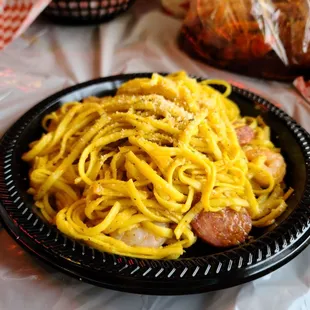 Garlic, shrimp, sausage noodles