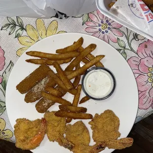 Fried shrimp, Cajun fries and 3 mozzarella sticks