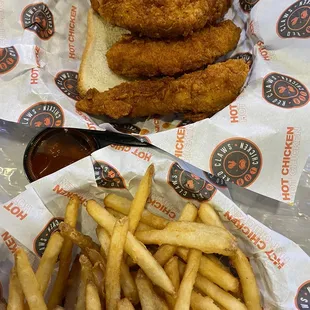 Four medium-hot tenders and a side of fries. I wish they offered a smaller portion.