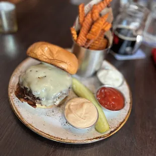 Mushroom Swiss burger, sweet potato wedges.