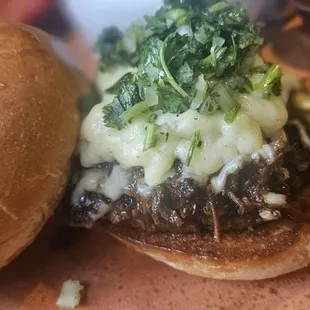 Birria burger. This new twist on a burger is an amazingly delicious concept and I would get this again and highly recommend!