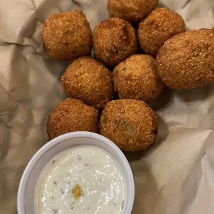Hush puppy appetizer with tarter sauce.  We already ate a few before I snapped the pic!