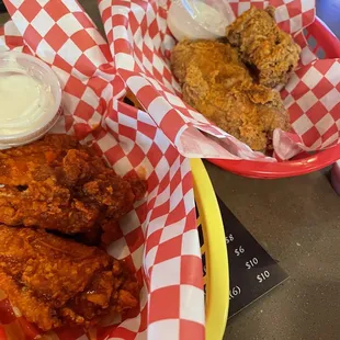 6 piece wings: 1/2 Buffalo 1/2 cajun