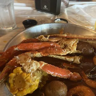 Good crab legs, shrimp overcooked.