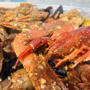 a close up of a seafood dish