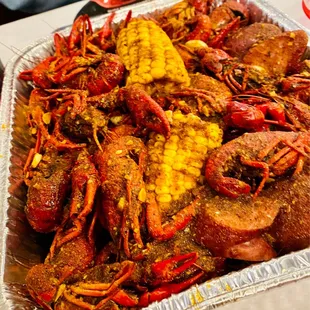 3 lbs Crawfish with Cajun &amp; Garlic Butter; Hot; added Sausage