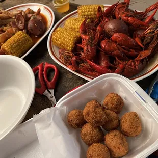 3 lbs crawfish, Low Country Boil, hush puppies. (That&apos;s not the whole bag of crawfish in the photo...was about 1/3rd)