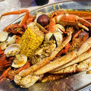 Clams, crawfish and crab legs.