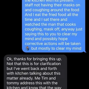 Messages between me and head manager of RED CRAB in Addison on beltline, Amanda