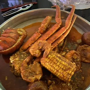 Lobster Tail, Crab Legs, Shrimp, Potatoes, and Corn on the Cob