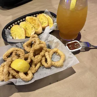 Lunch  Fried Calamari, Garlic Bread, &amp; Peach Punch
