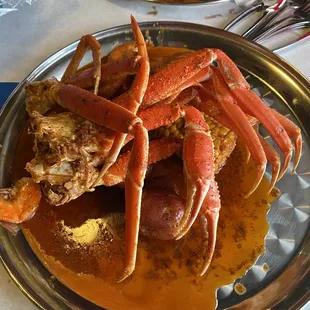 Thursday Night Special . Served any day!  Crab legs, shrimp, potatoes and corn. Yum!