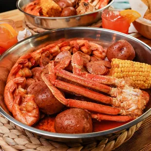 crab legs and corn on the cob