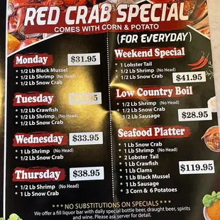 menu and prices