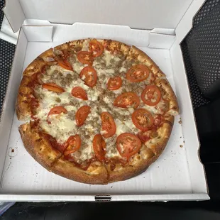 Medium, sausage, hamburger, onion, tomato, cooked well and with light sauce