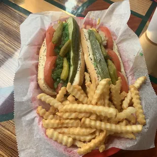 Double Chicago Style hot dogs with small fries! Yummm!