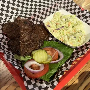 Burger w/out bun and cheese &amp; coleslaw