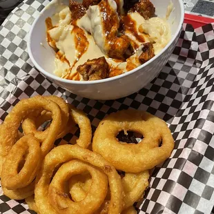 Nashville hot fried chicken breast over Mac n cheese with onion rings - non menu item but amazing combo