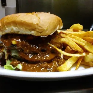 100% Angus Beef Chili Cheese Burger &amp; Hand Cut Fries!