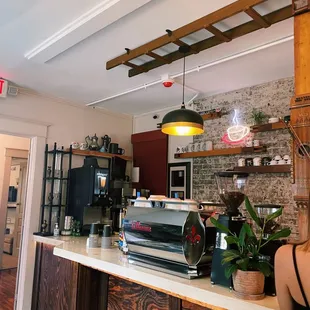a woman standing at the counter