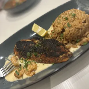 Blackened red fish with shrimp