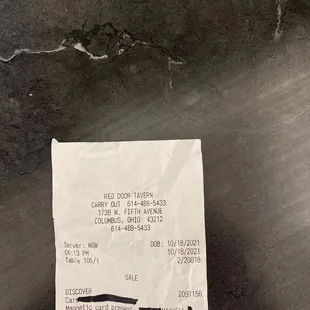 a receipt on a table