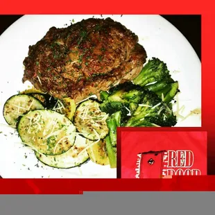 Boneless ribeye steak with steamed veggies