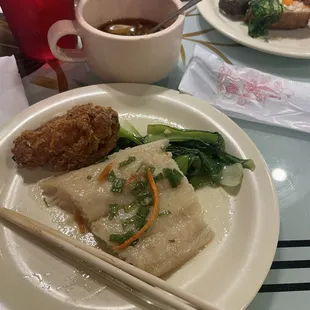 Halibut, fried chicken wing and Chinese veg