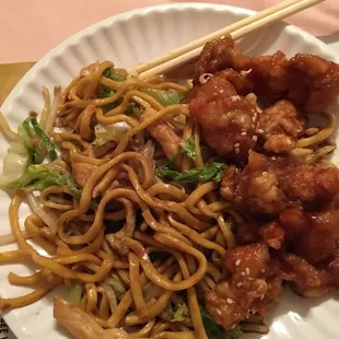Chicken lo mein and sesame chicken