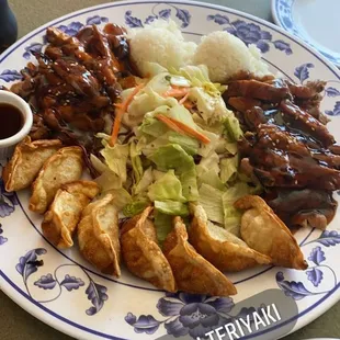 Family platter teriyaki chicken with potstickers and salad.