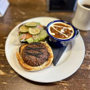 Impossible burger with chili side