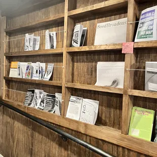 shelves of books and magazines