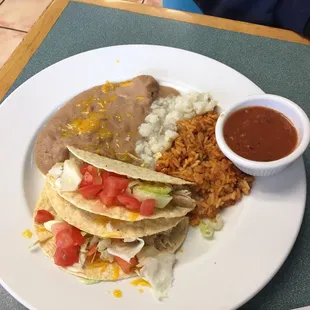 Chicken tacos with rice, beans and Pozole - plus a sopapilla (ate it too quick to photograph!)