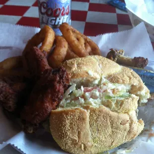 Turkey burger wit pepper jack cheese wit a side hot wings and onion rings lol