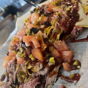 Pulled pork messy nachos hold the coleslaw