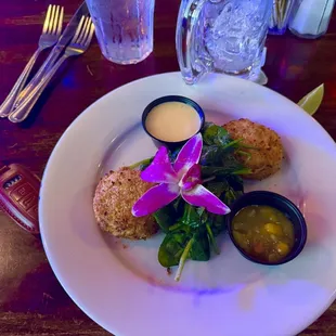 Crab cakes with mango sauce.