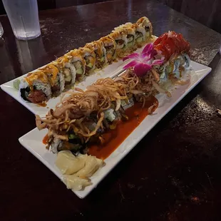 Left is white dragon roll and right is surf and turf roll.