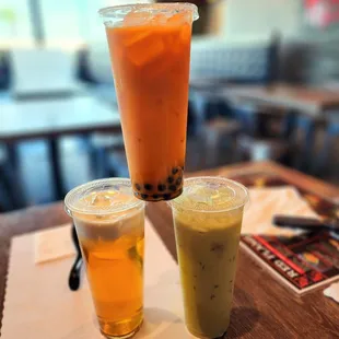 Complimentary drinks with enteee. Mango, Matcha and Sea Salt tea&apos;s.