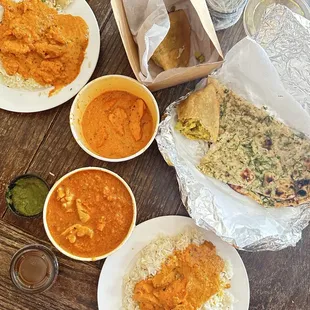 Chicken Curry, Butter chicken, garlic naan, samosas
