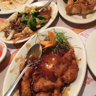 General Tso's chicken, Pork &amp; Vegetable and Crab Rangoons --- all half eaten!