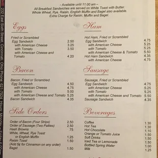 menu for breakfast sandwiches