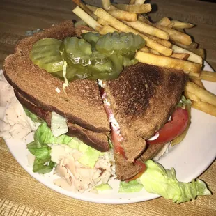 Turkey and tomato sandwich with fries.