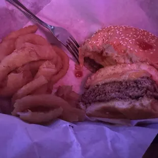 Three cheese burger and onion rings