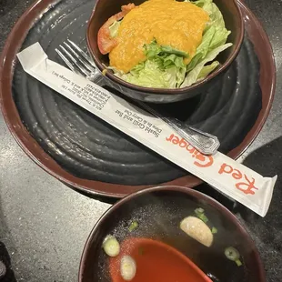 Salad with ginger dressing + hibachi soup