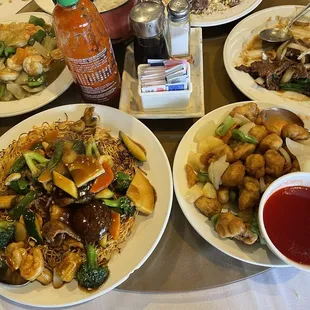 2/2024 top left to right: Curry shrimp, house special pan fried noodle with beef, shrimp, chicken, sweet &amp; sour pork, and Mongolian beef
