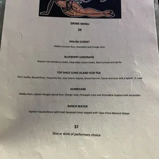 Saturday Night Up Stairs Dinner Drink Menu