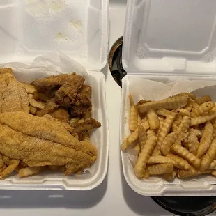 red harbor combo with catfish, wings and double fries; box of fries on the side