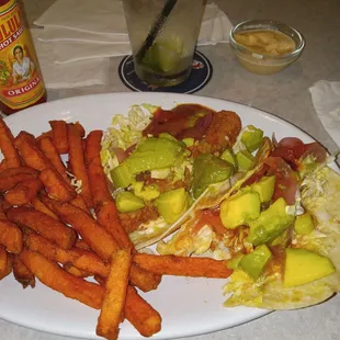Fish tacos and sweet potato fries